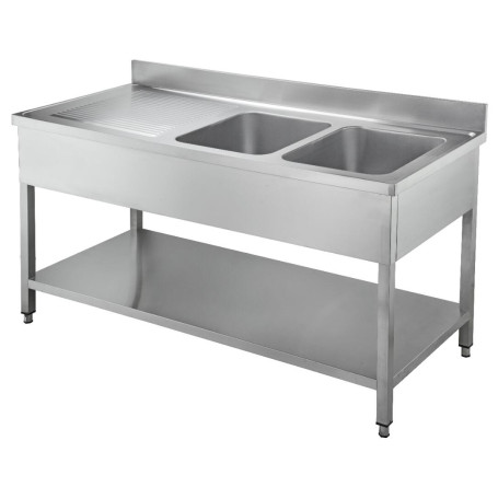 Plonge inox avec étagère 2 bacs  à droite 1600x700x850 mm - Arredochef