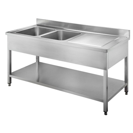 Plonge inox avec étagère 2 bacs  à gauche 1800x700x850 mm - Arredochef